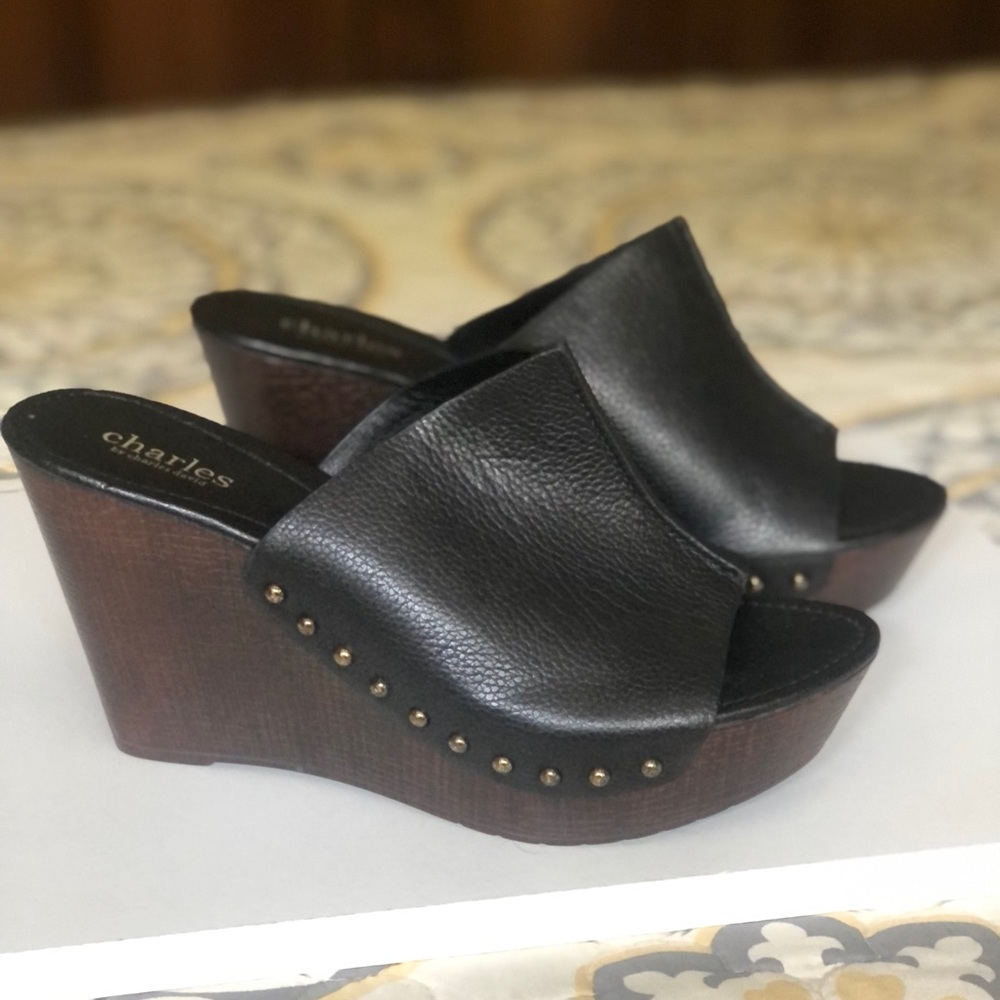 Charles David black leather platform slides